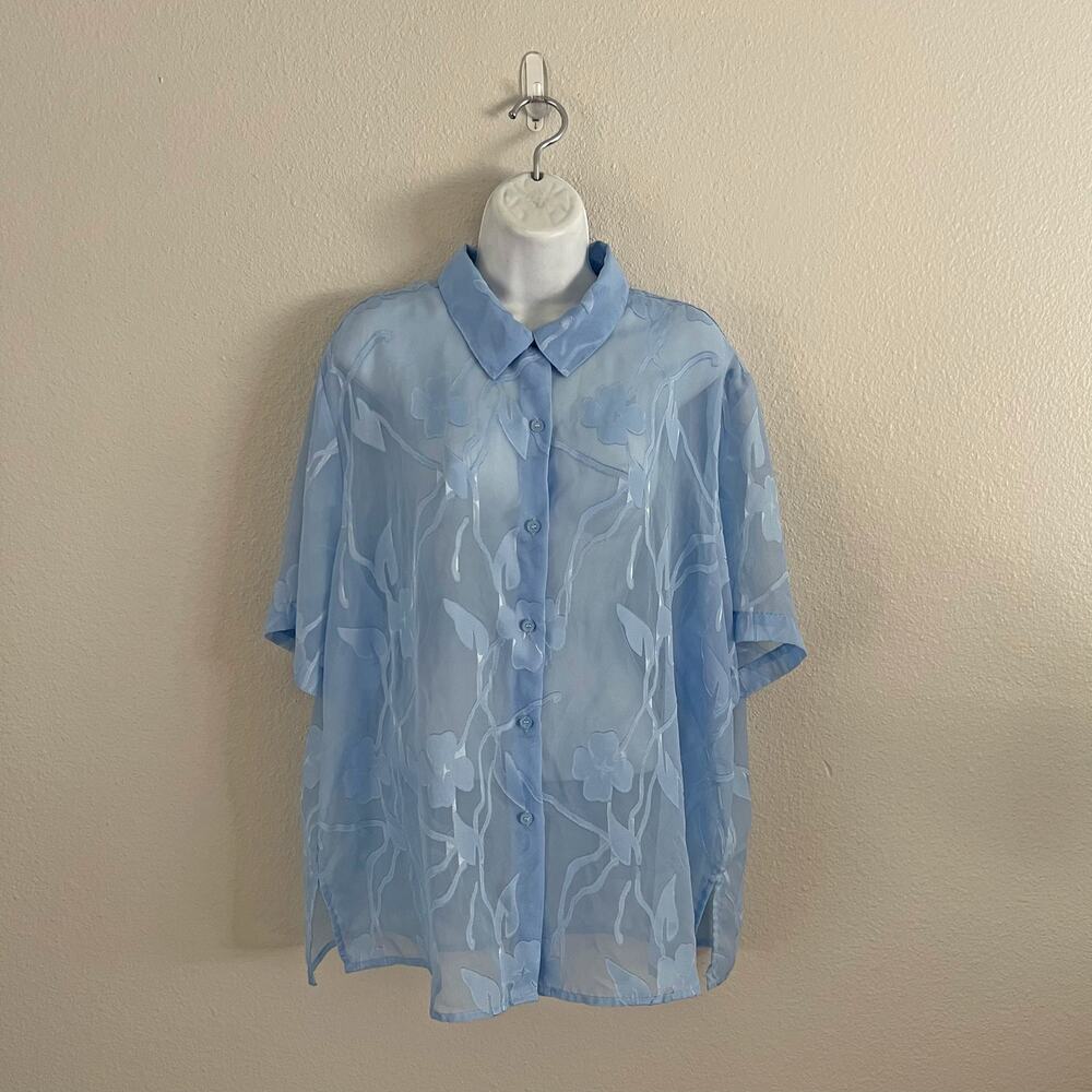 Vintage Floral Sheer Button Up Blouse Baby Blue Romantic Cottage Joanna Size 2X